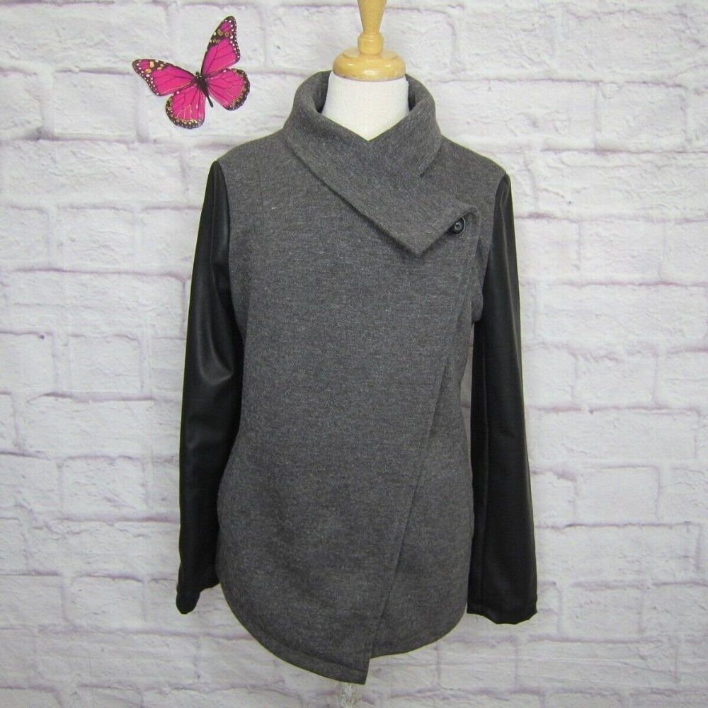 Fabletics Women’s Milano Coat Size L Gray with Black Faux Leather Sleeves